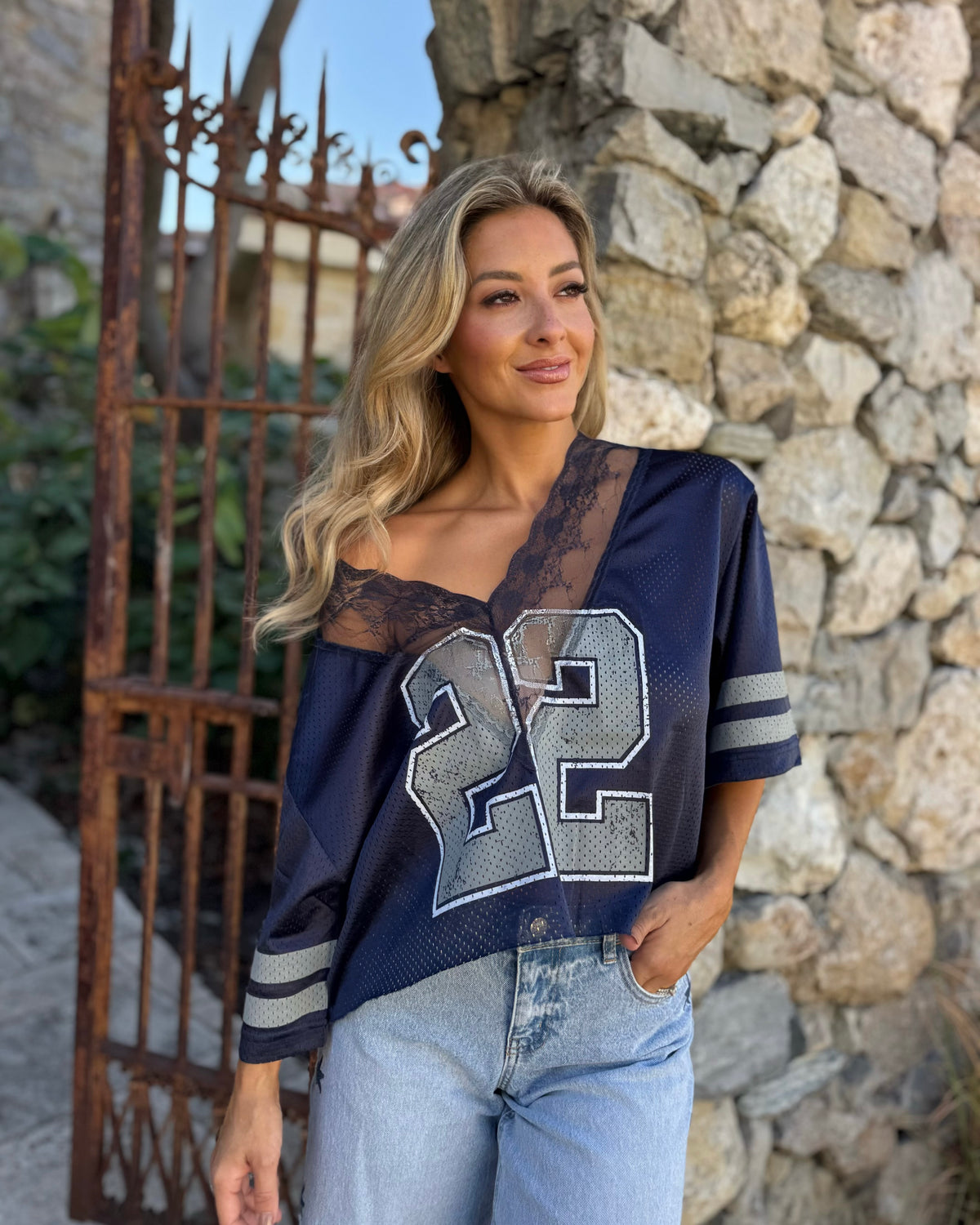 Navy "22" Lace V-Neck Cropped Jersey
