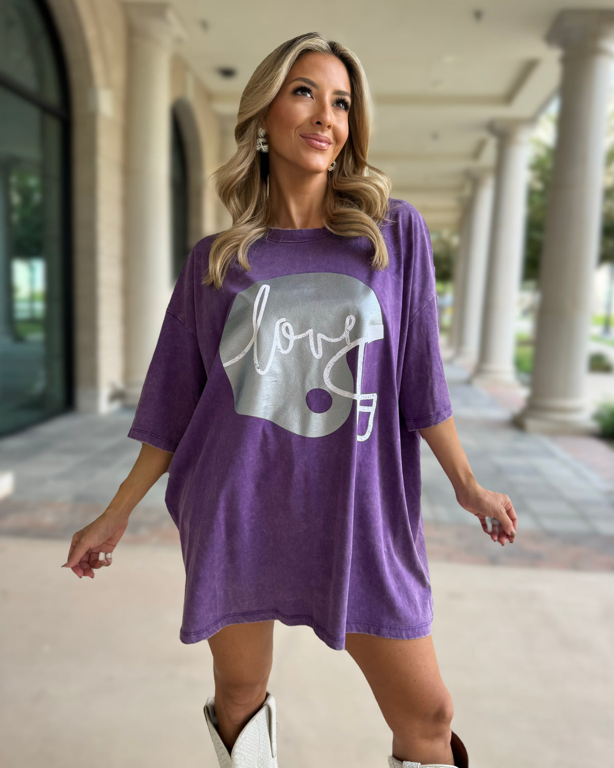 Violet Purple "Football Helmet Love" Oversized Mineral-Washed Tee