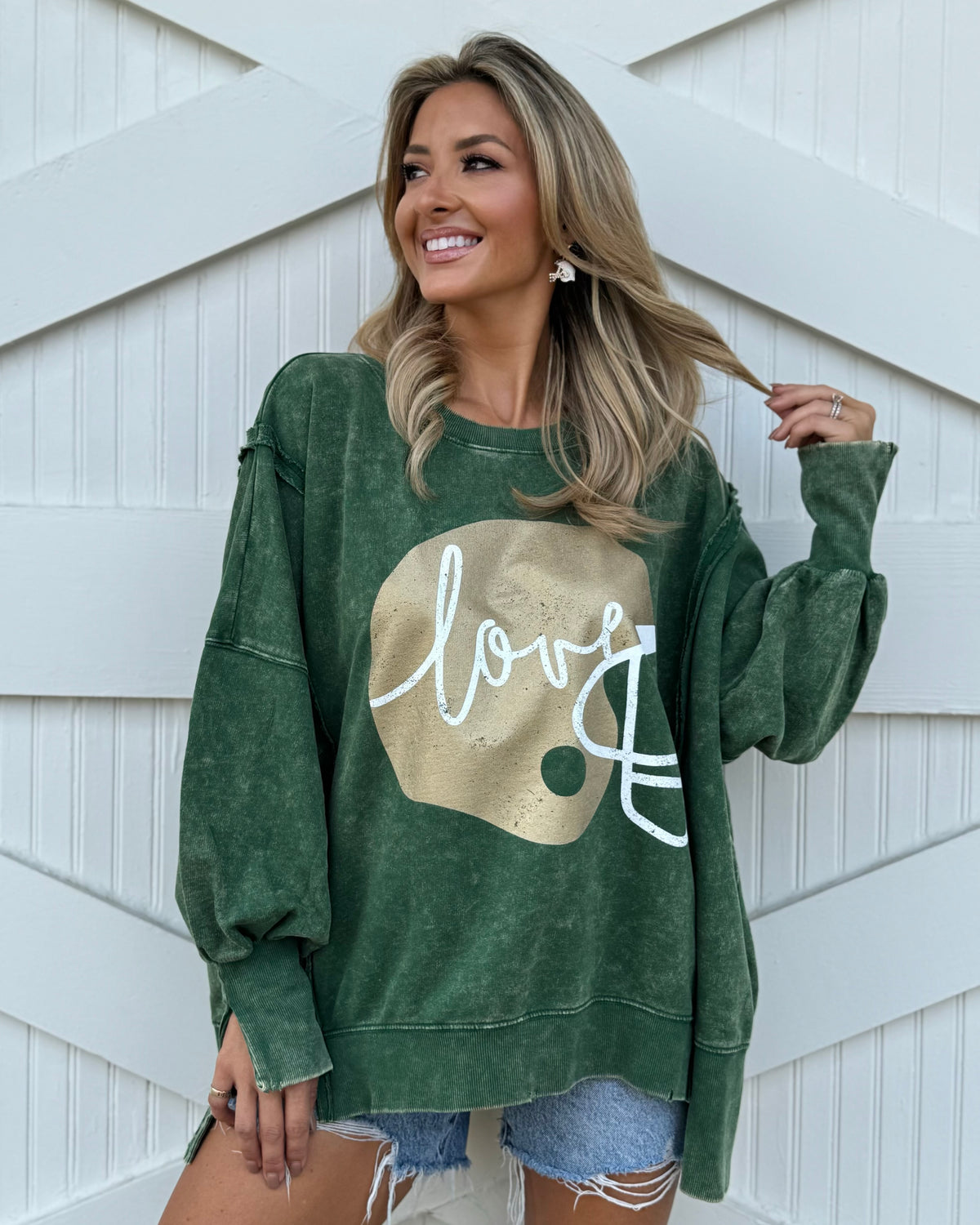 Exposed-Seam Green "Football Helmet Love" Oversized Mineral-Washed Pullover
