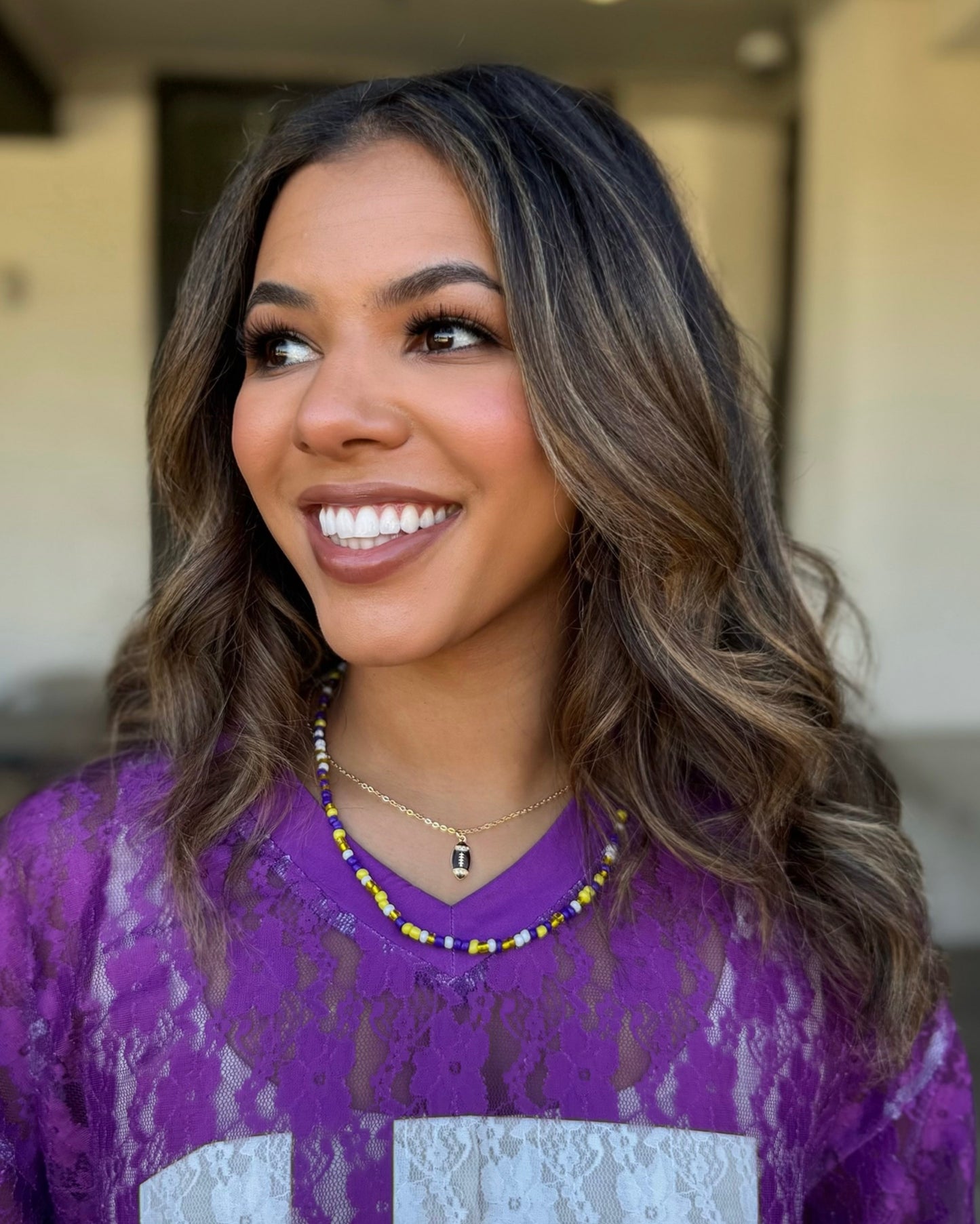 Purple/Gold Sidelines Beaded Necklace