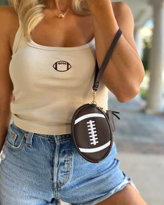 Brown Football-Shaped Faux Leather Wristlet