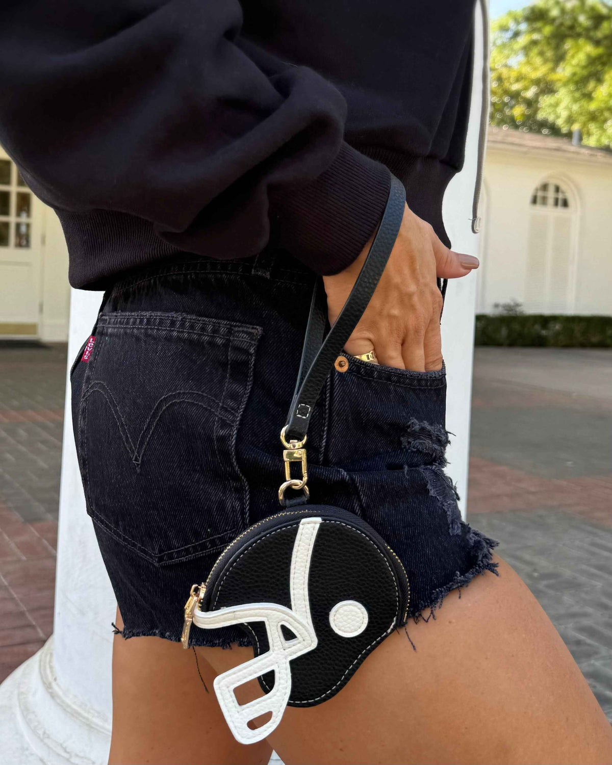 Black Faux Leather Game Day Football-Helmet Coin Purse Wristlet