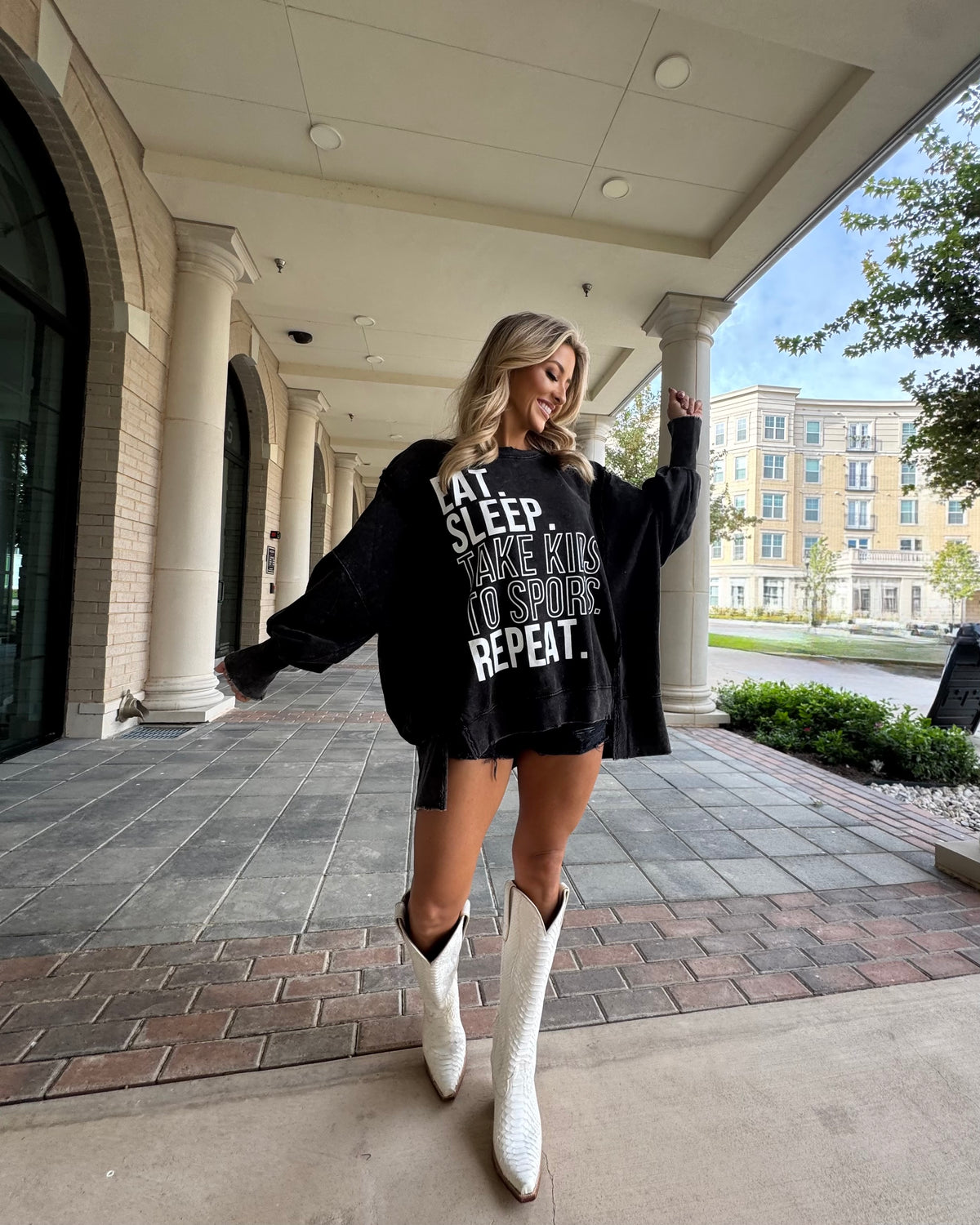 Exposed-Seam Black "Eat. Sleep. Take Kids To Sports. Repeat." Oversized Mineral-Washed Pullover
