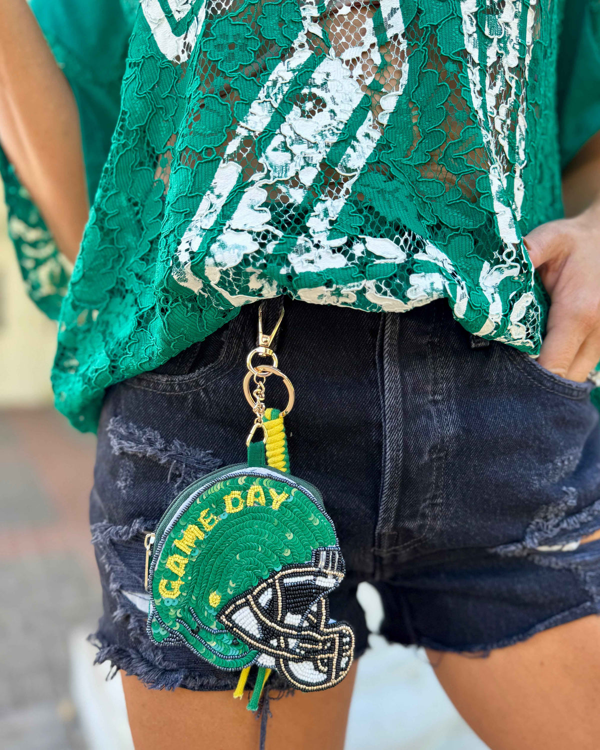 Sequin Green + Gold Helmet Coin Purse Keychain