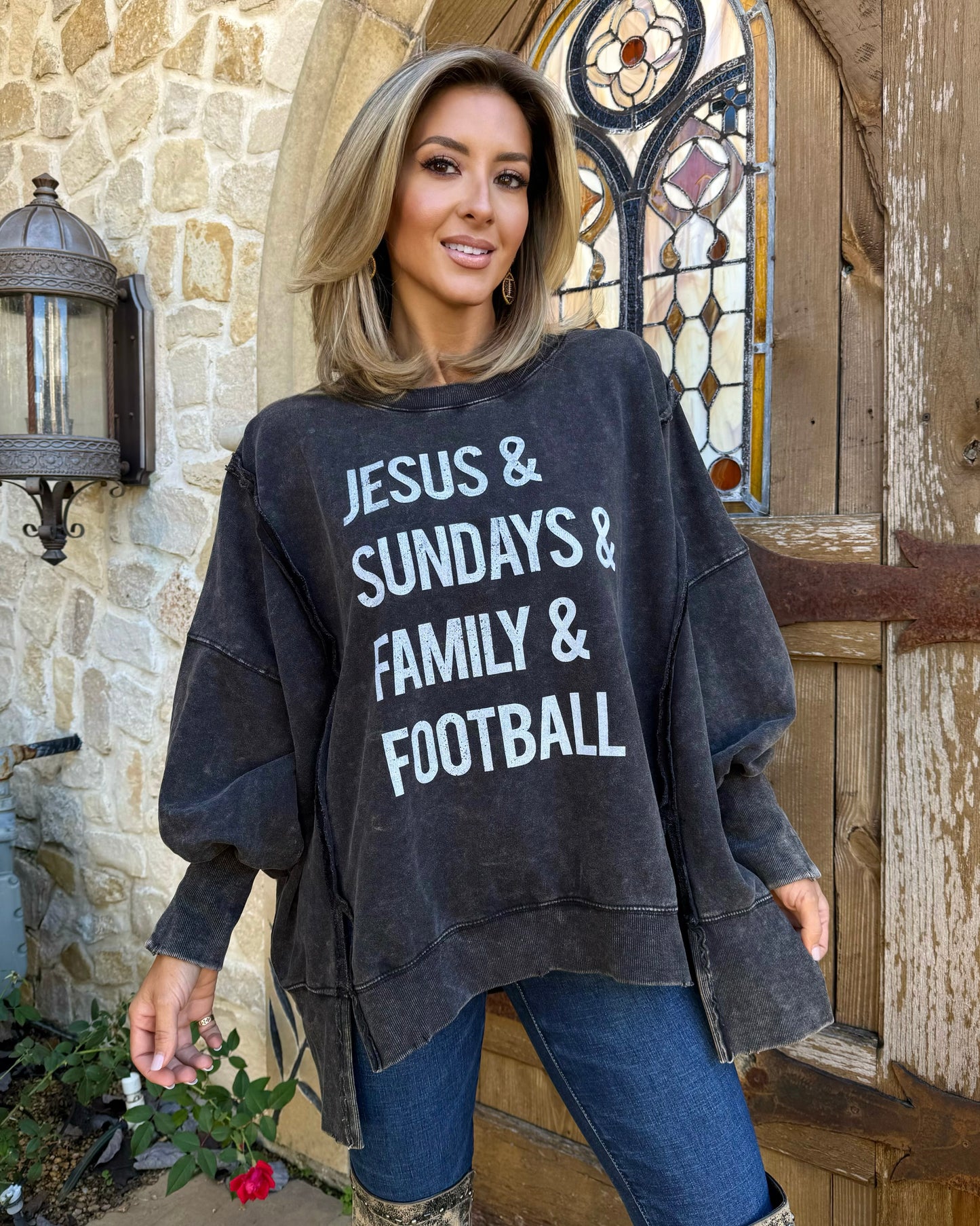 Exposed-Seam “Jesus & Sundays & Family & Football” Oversized Pullover