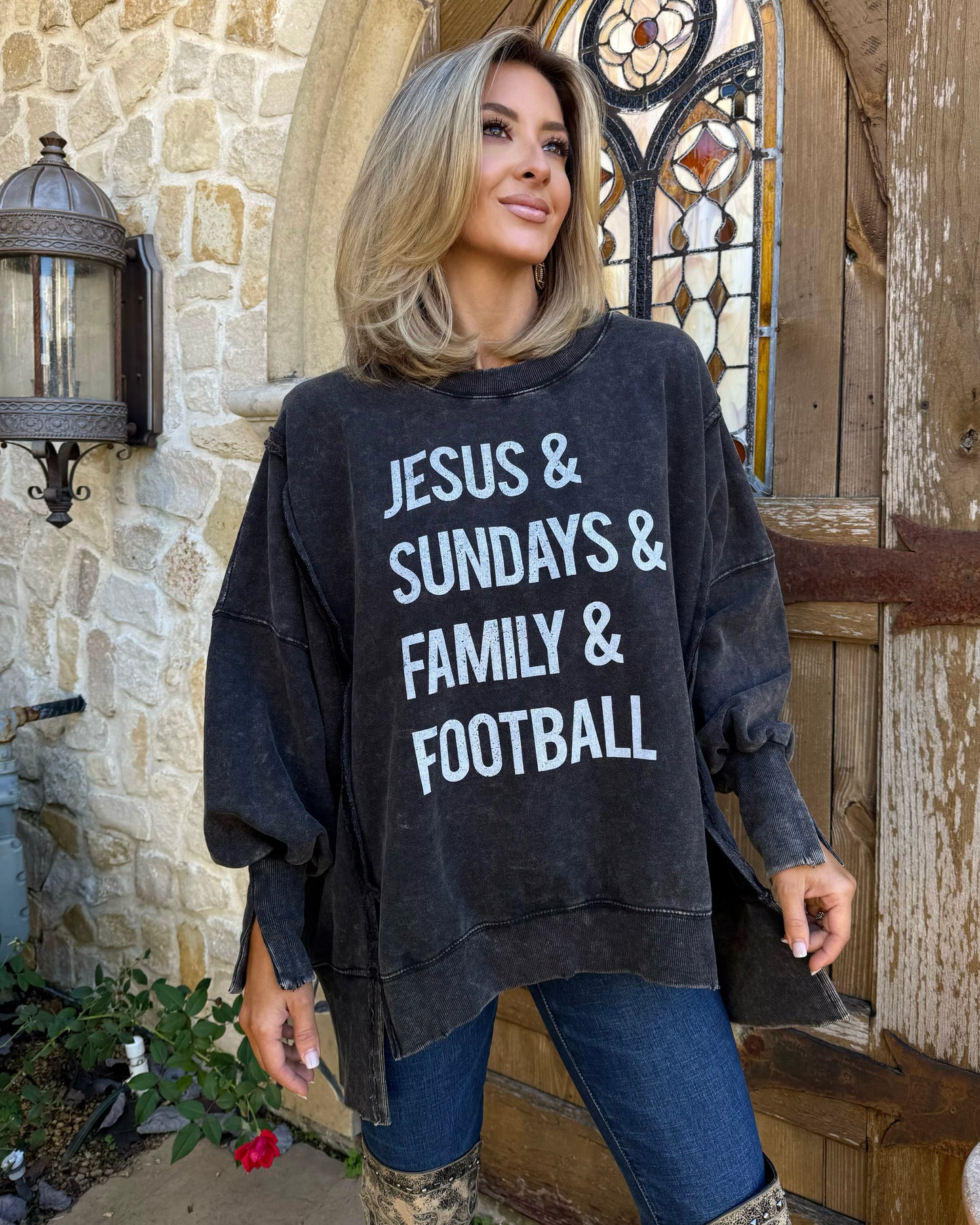 Exposed-Seam “Jesus & Sundays & Family & Football” Oversized Pullover