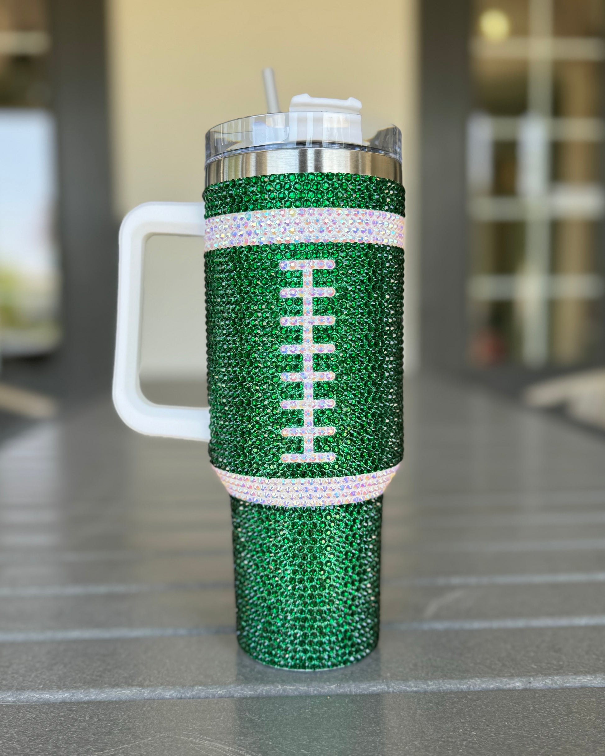 Pre-Order: Crystal GREEN "Team Spirit" FOOTBALL 40 Oz. Tumbler (Ships Approx. 7/15) - Live Love Gameday®