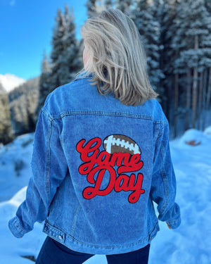 RED Script GAME DAY Chenille-Patch Denim Jacket - Live Love Gameday®