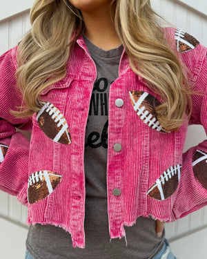 Pre-Order: Hot Pink Corduroy Sequin FOOTBALL Jacket (Ships Approx. 6/20)