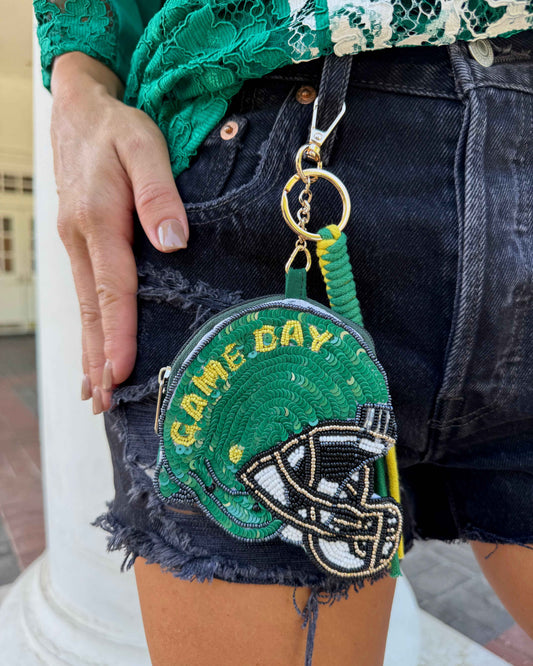 Sequin Green + Gold Helmet Coin Purse Keychain