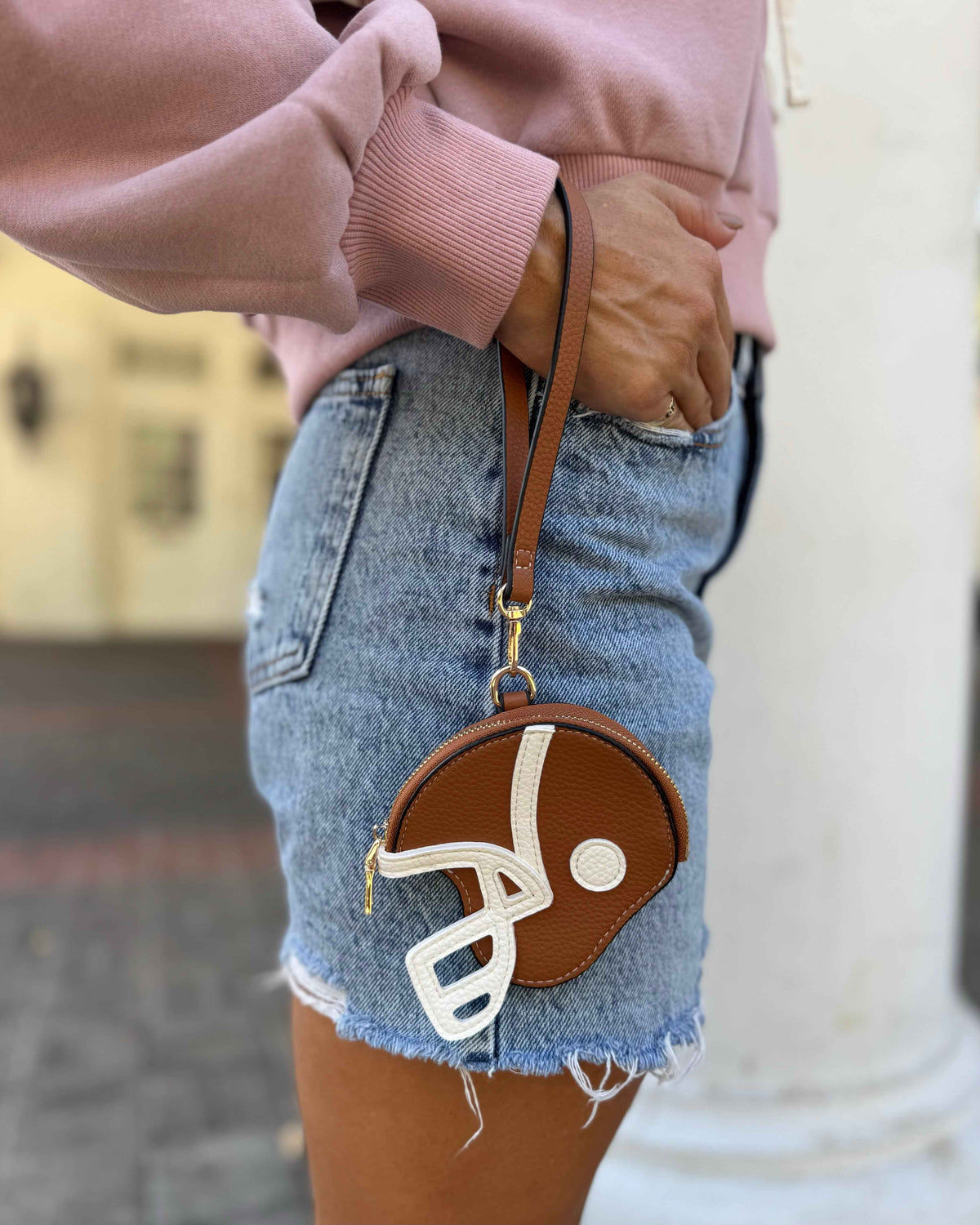 Tan Faux Leather Game Day Football-Helmet Coin Purse Wristlet