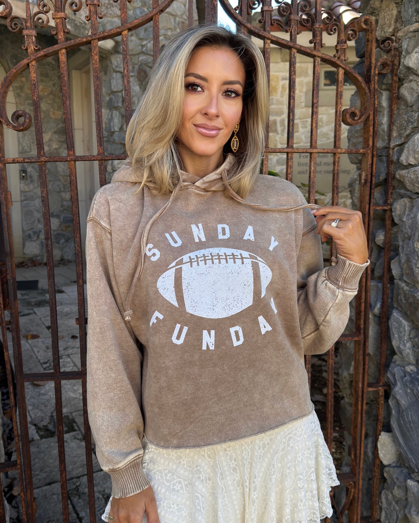 Vintage Tan Curved “Sunday Funday” Acid-Washed Semi-Cropped Hoodie