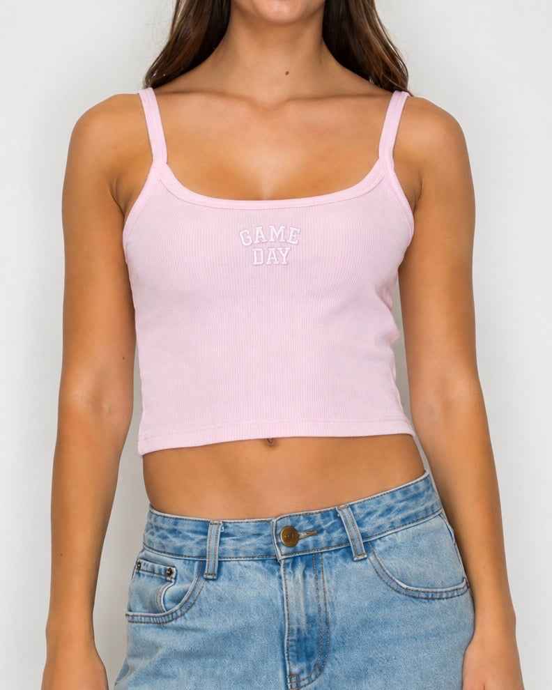 Pink "Game Day" Embroidered Mini Ribbed Tank