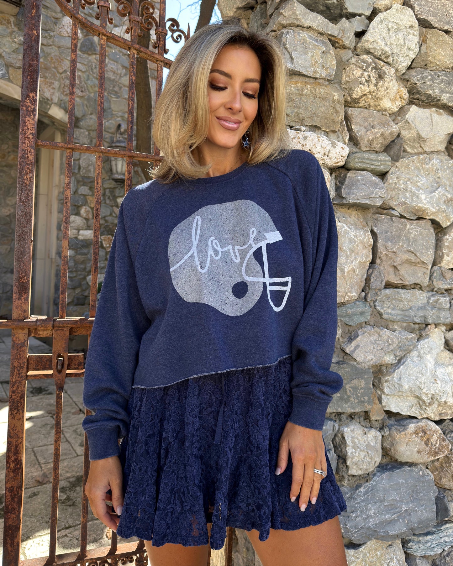 Navy “Football Helmet” Cropped Frayed Hem Sweatshirt