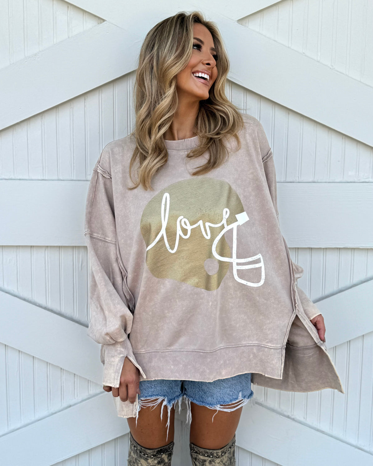 Exposed-Seam Beige "Football Helmet Love" Oversized Mineral-Washed Pullover