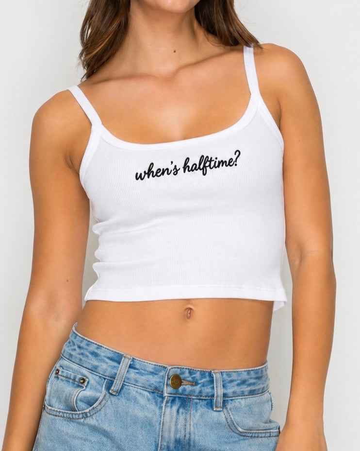 White "When's Halftime?" Embroidered Mini Ribbed Tank