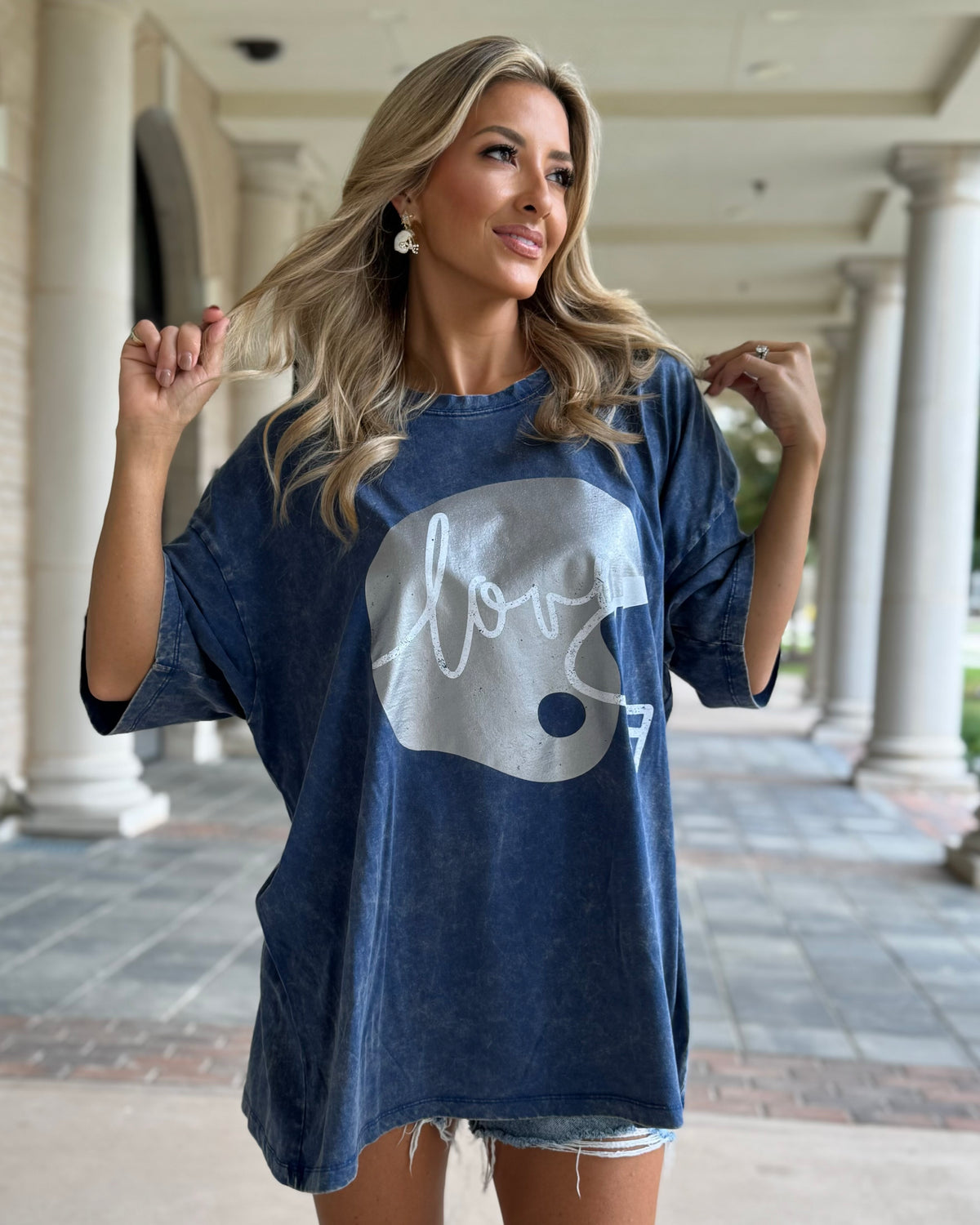 Blue "Football Helmet Love" Oversized Mineral-Washed Tee