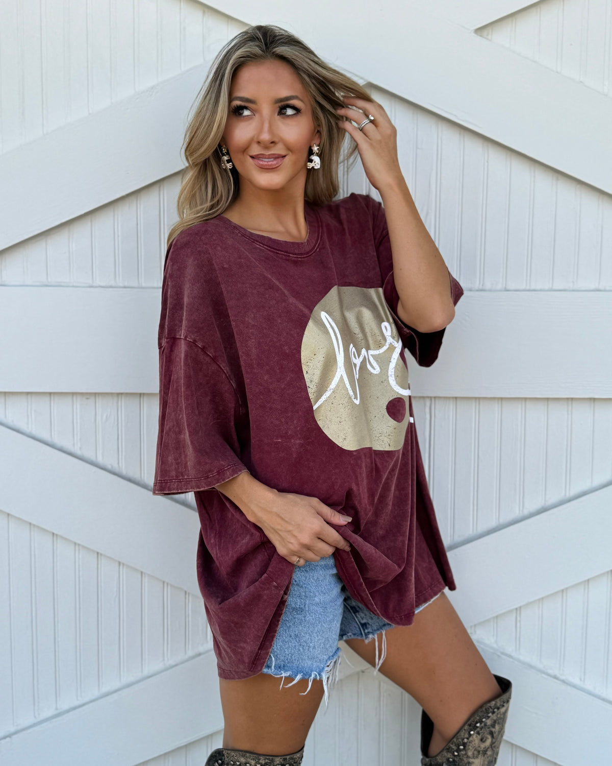 Wine "Football Helmet Love" Oversized Mineral-Washed Tee