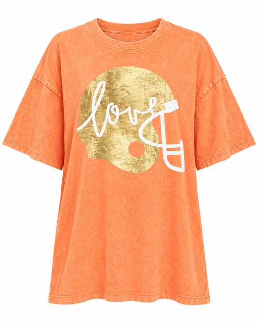 Orange "Football Helmet Love" Oversized Mineral-Washed Tee