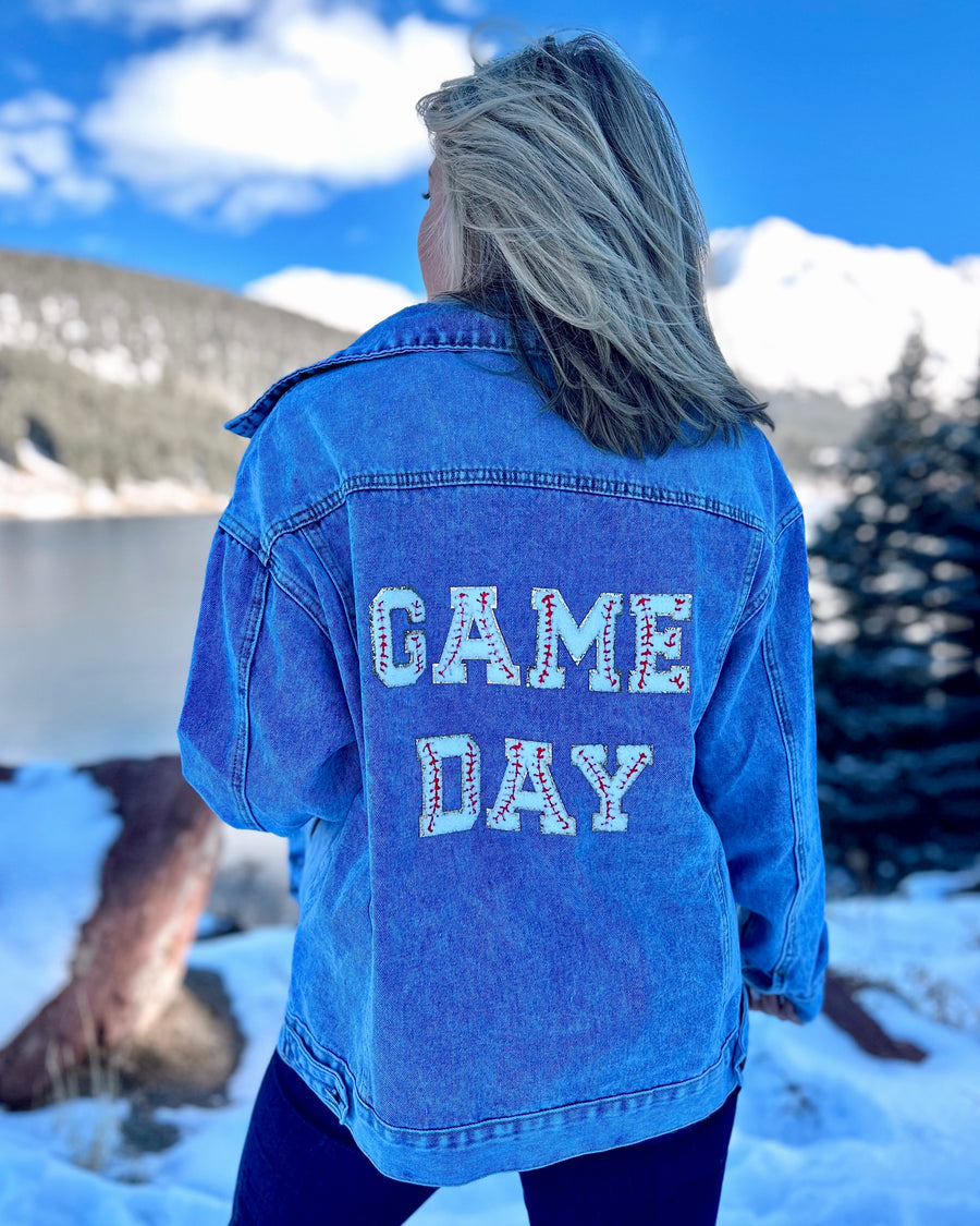 BASEBALL Light Distressed “GAME DAY” Sport Chenille-Patch Denim Jacket - Live Love Gameday®