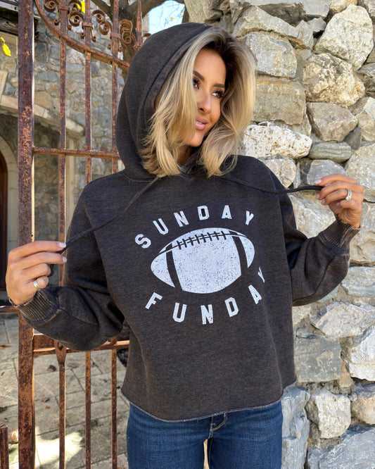 Charcoal Curved “Sunday Funday” Acid-Washed Semi-Cropped Hoodie