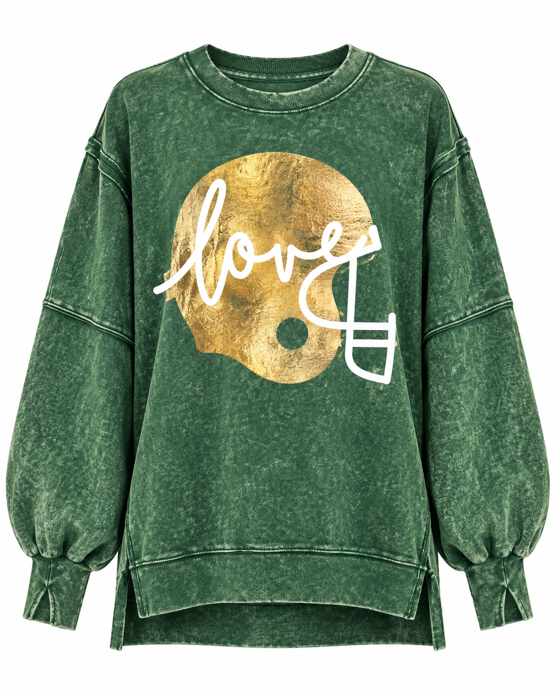 Exposed-Seam Green "Football Helmet Love" Oversized Mineral-Washed Pullover