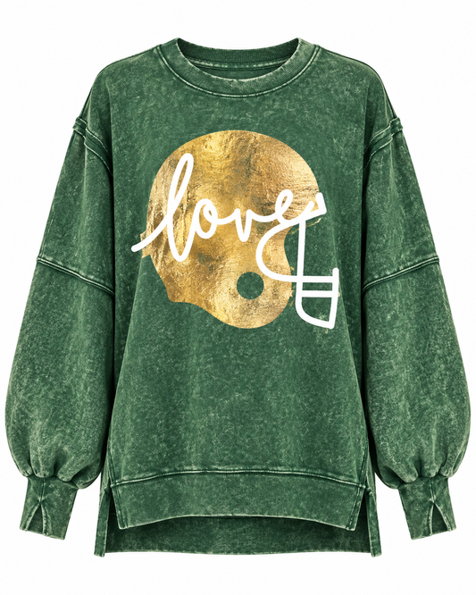 Exposed-Seam Green "Football Helmet Love" Oversized Mineral-Washed Pullover