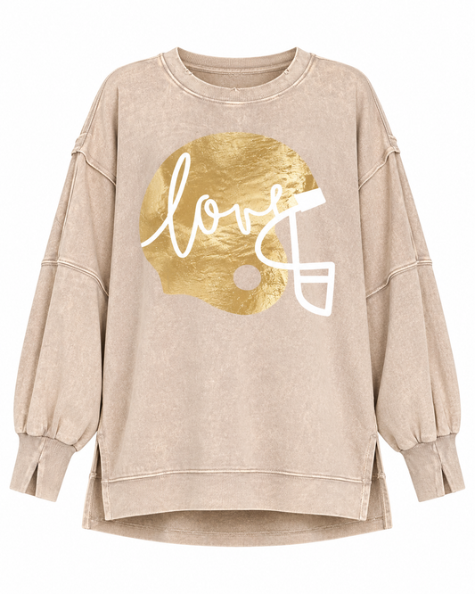 Exposed-Seam Beige "Football Helmet Love" Oversized Mineral-Washed Pullover