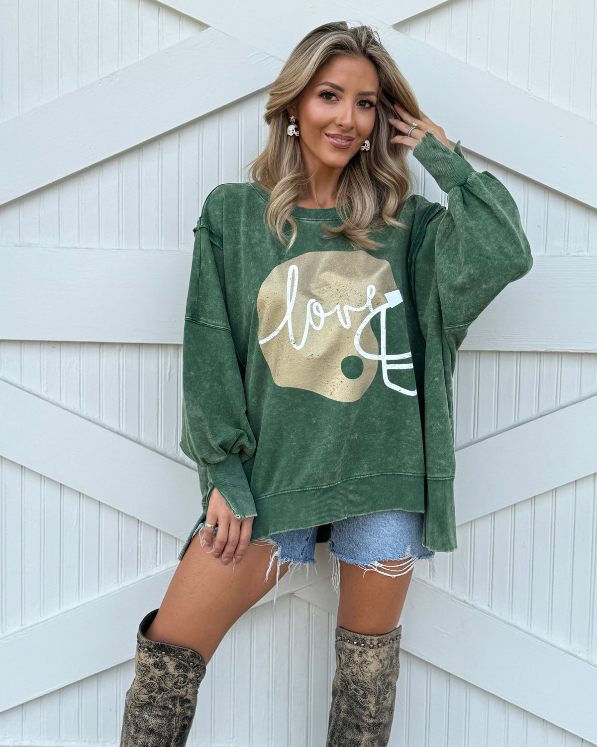 Exposed-Seam Green "Football Helmet Love" Oversized Mineral-Washed Pullover