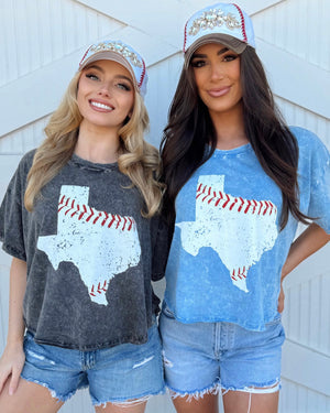 Blue Baseball In “Texas” Mineral-Dipped Flowy Cropped Tee - Live Love Gameday®