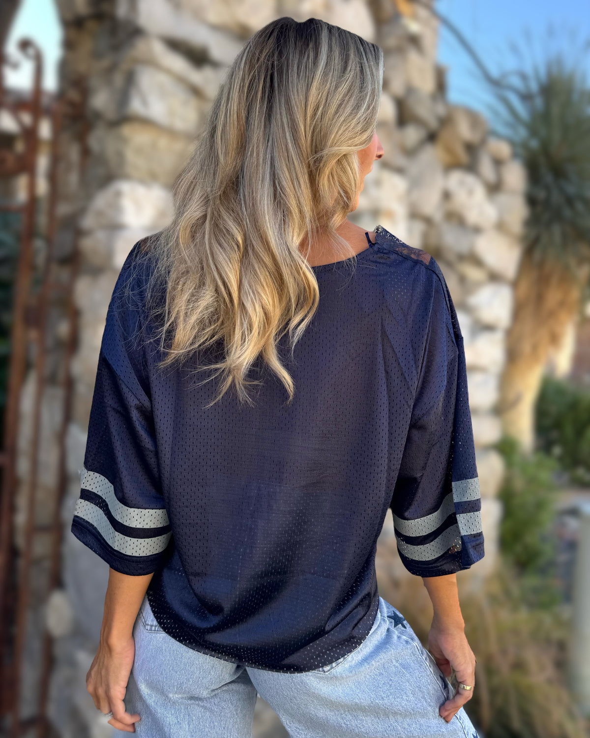 Navy "Cowgirl" Lace V-Neck Cropped Jersey