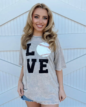 Faded Gray Mineral Dipped Stacked “LOVE” Baseball Tee - Live Love Gameday®