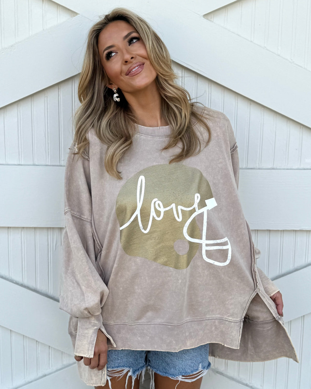 Exposed-Seam Beige "Football Helmet Love" Oversized Mineral-Washed Pullover