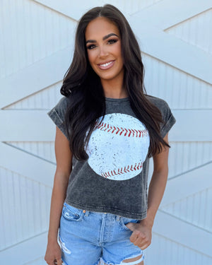 Vintage Black Distressed Red/White Baseball Cropped Tee - Live Love Gameday®