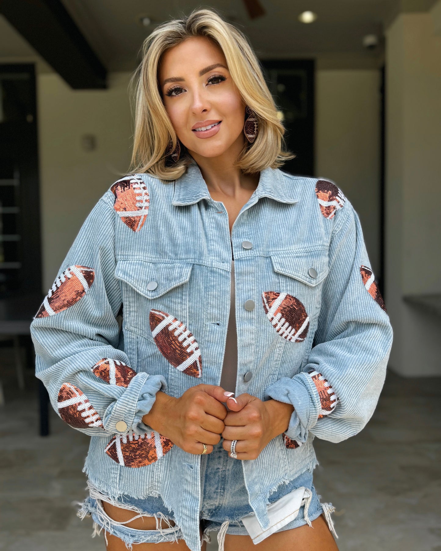 Light Blue Corduroy Sequin FOOTBALL Jacket