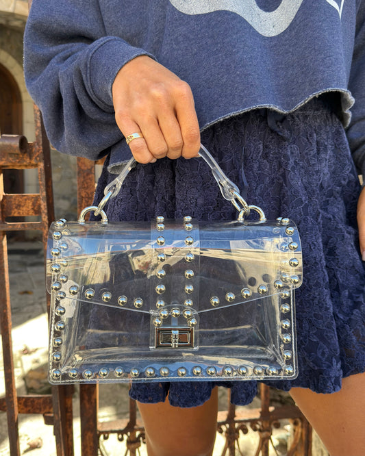 Silver/Clear Studded Clear Top Handle Crossbody Bag