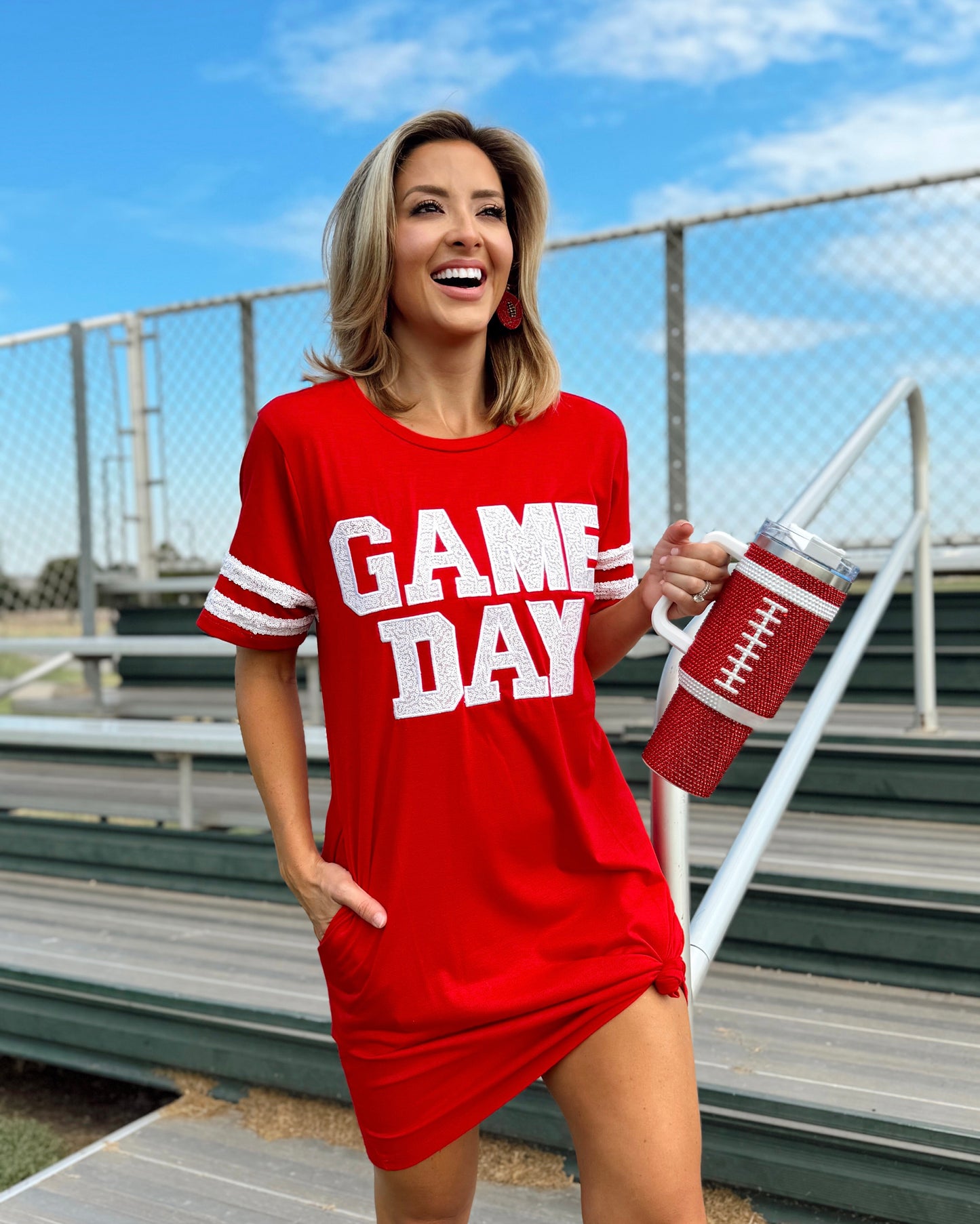 Red Sequin Game Day Dress With Pockets