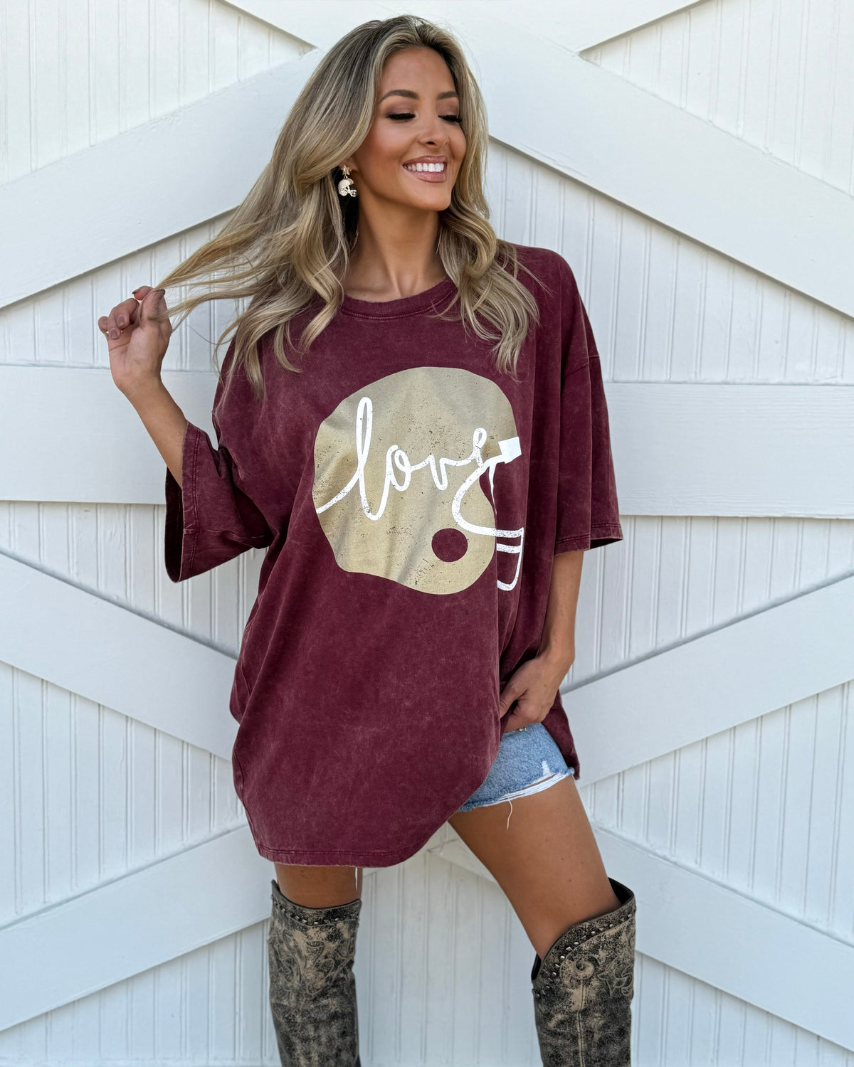 Wine "Football Helmet Love" Oversized Mineral-Washed Tee