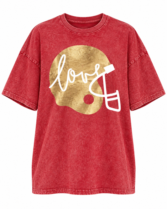 Red "Football Helmet Love" Oversized Mineral-Washed Tee