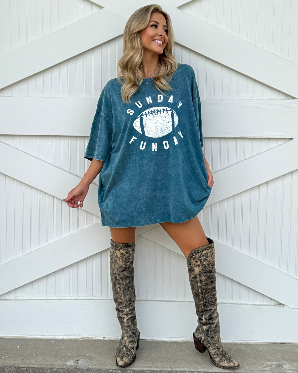 Teal "Sunday Funday" Oversized Mineral-Washed Football Tee