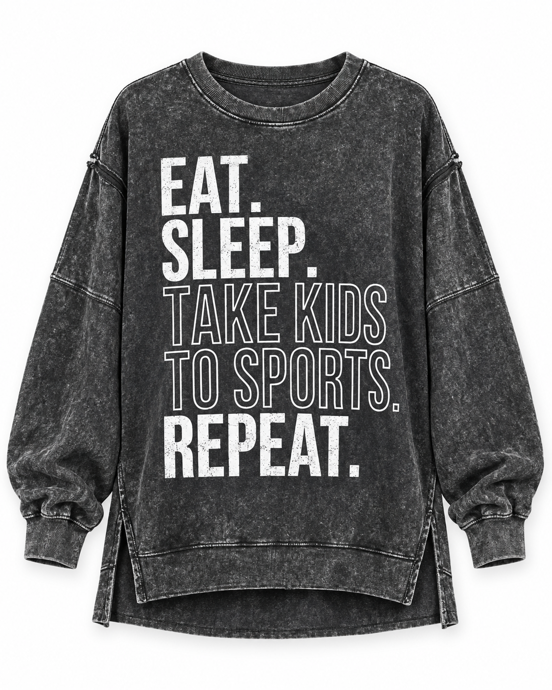 Exposed-Seam Black "Eat. Sleep. Take Kids To Sports. Repeat." Oversized Mineral-Washed Pullover