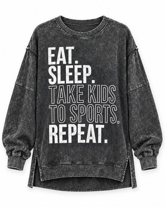 Exposed-Seam Black "Eat. Sleep. Take Kids To Sports. Repeat." Oversized Mineral-Washed Pullover