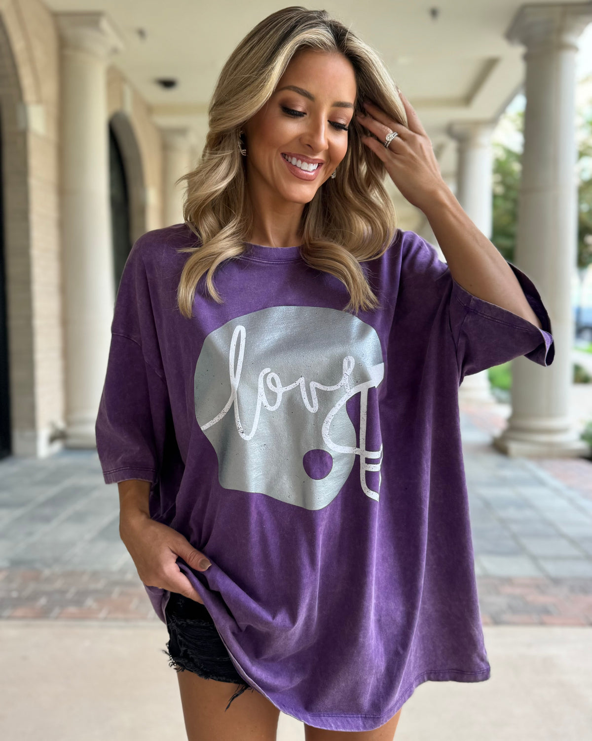 Violet Purple "Football Helmet Love" Oversized Mineral-Washed Tee