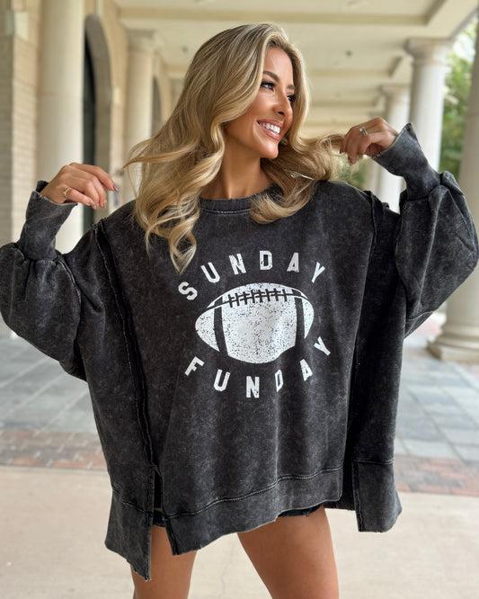 Exposed-Seam Black "Sunday Funday" Oversized Mineral-Washed Pullover