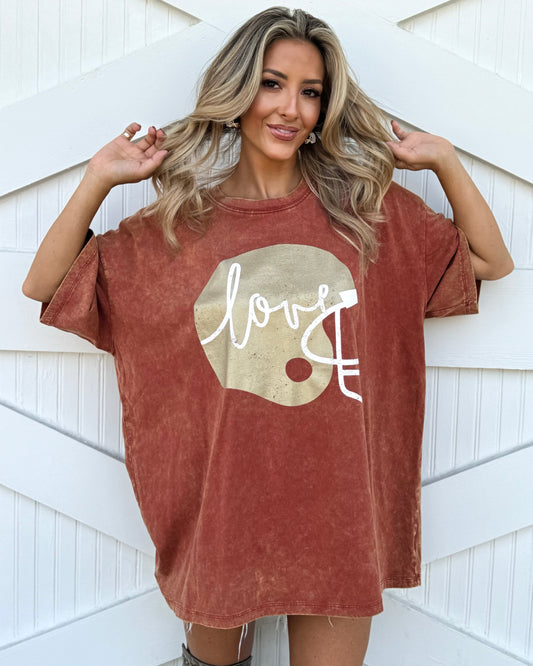 Rust "Football Helmet Love" Oversized Mineral-Washed Tee