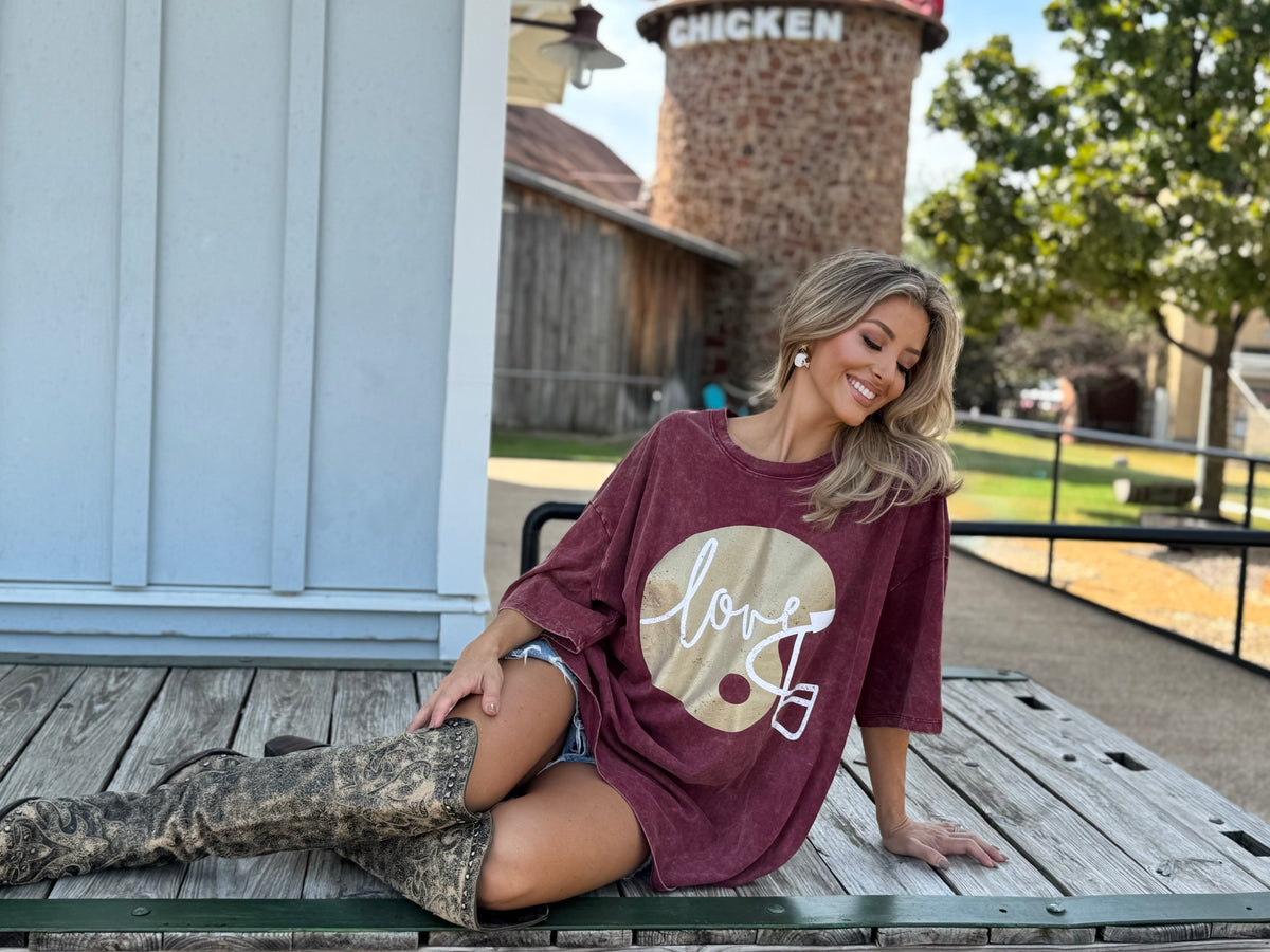 Wine "Football Helmet Love" Oversized Mineral-Washed Tee