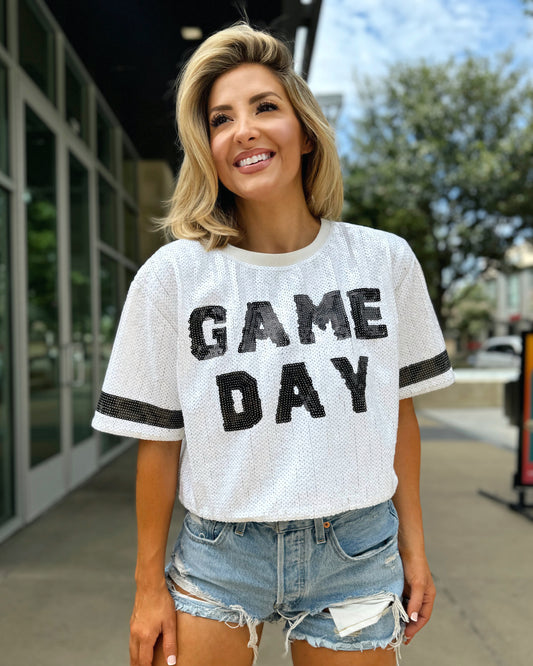 Sequin White/Black GAME DAY Crop