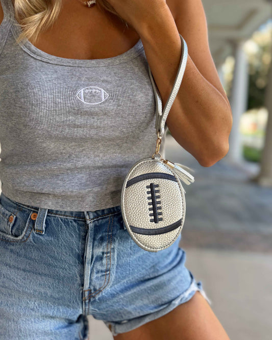 Silver With Navy Football-Shaped Faux Leather Wristlet