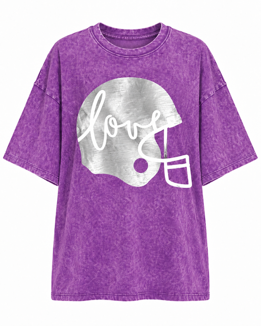 Violet Purple "Football Helmet Love" Oversized Mineral-Washed Tee