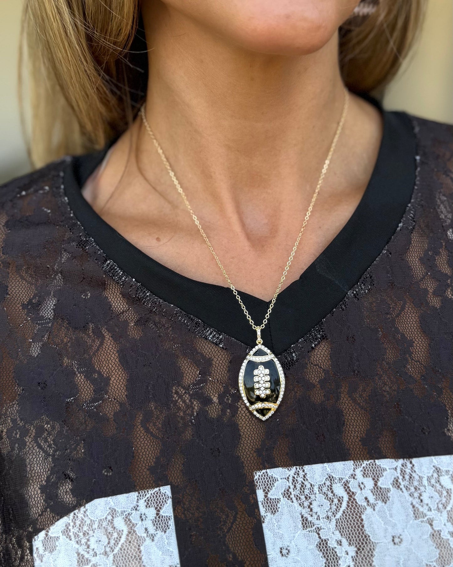 Black/Gold Rhinestone Enamel Football Necklace